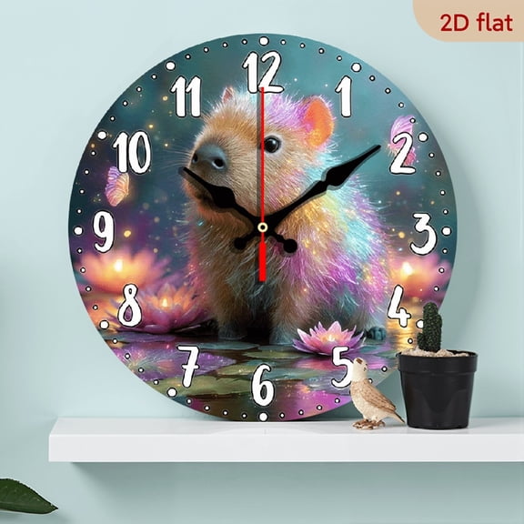 2D Flat, 1pc, Silent Wall Clock Non-Ticking Wooden, Decorative Circular Clock Fantasy capybara with fur Design for Dining Room, Hallway, Study Room, Home Office, Balcony 10inch (No Battery)