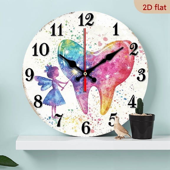 2D Flat, 1pc, Silent Wall Clock Non-Ticking Wooden, Decorative Circular Clock Fantasy tooth fairy with colorful heart Design for Living Room, Bedroom, Kitchen, Entryway, Office 10inch