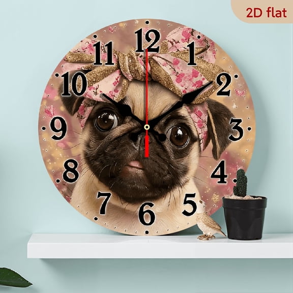 2D Flat, 1pc, Silent Wall Clock Non-Ticking Wooden, Decorative Circular Clock Pug with floral bow Design for Kitchen, Bedroom, Living Room, Stairwell, Laundry Room 10inch (No Battery)