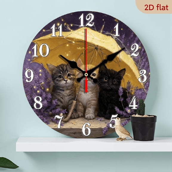 2D Flat, 1pc, Silent Wall Clock Non-Ticking Wooden, Decorative Circular Clock Whimsical kittens under umbrella with lavender Design for Foyer, Kitchen, Home Office, Studio, Guest Room 10inch