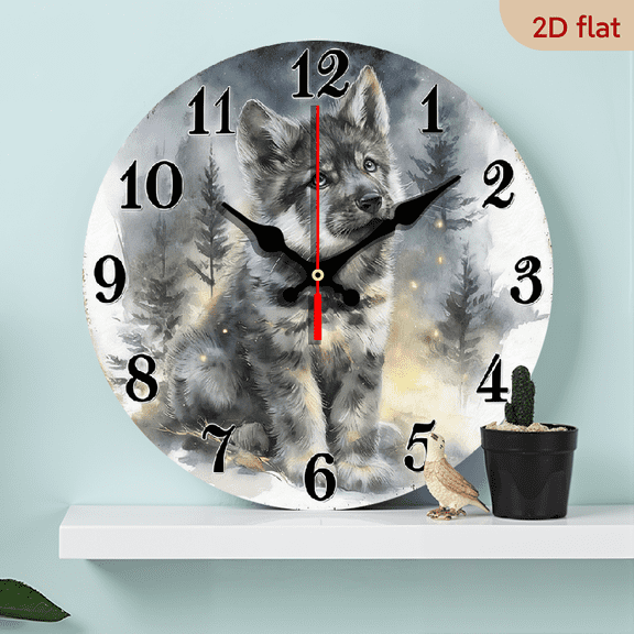 2D Flat, 1pc, Silent Wall Clock Non-Ticking Wooden, Decorative Circular Clock Wolf cub in forest at night Design for Kitchen, Home Office, Library, Hallway, Apartment 10inch (No Battery)