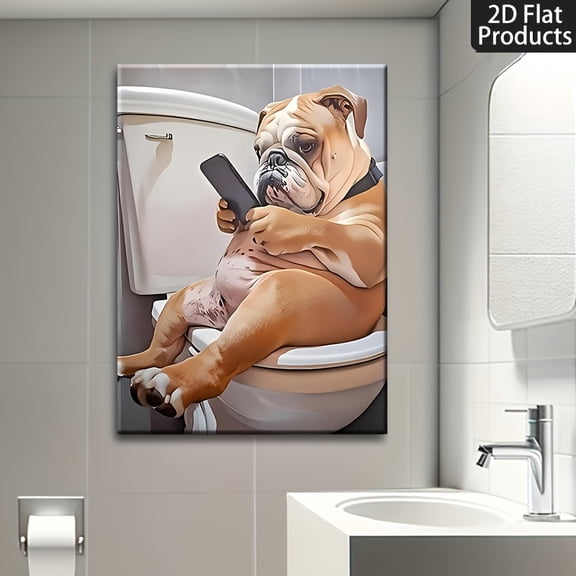 2D Flat, 1pc, Solid Wood Frame Canvas Decorative Poster, 2D Flat Print, Holiday Decoration, Sense Of Ceremony Bulldog Mural On Toilet, Humorous Pet Print, Unique Gift for Dog Lovers, Cute Animal Post