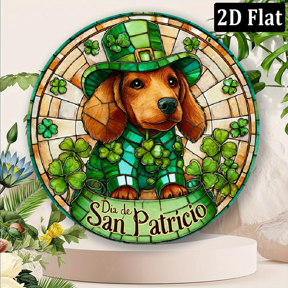 2D Flat, 1pc Spanish English St Patrick's Day Irish-Themed Round Metal Sign 8x8 Inch Cocker Spaniel Puppy in Green Outfit.
