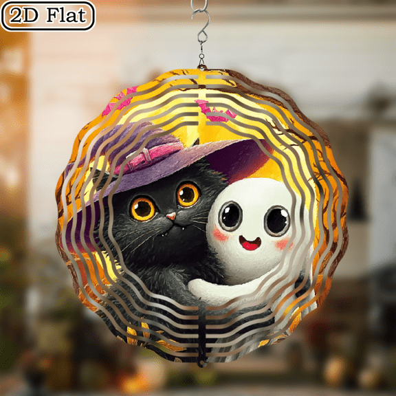 2D Flat, 1pc Spinning Scarecrow with Witch Hat, Crows Pumpkins - Iron Metal Wind Spinner with Black Orange Autumn Colors - 2D Flat Hanging Decoration for Halloween, Thanksgiving, Christmas - Outdo