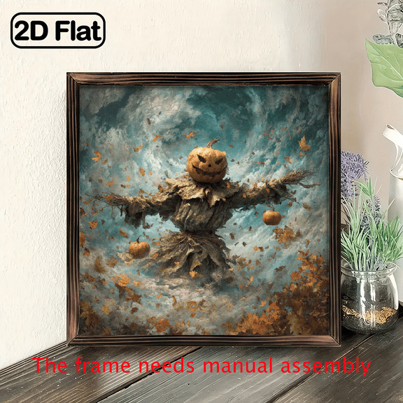2D Flat, 1pc Spooky Scarecrow with Pumpkin Head in Autumnal Wooden Framed Sign - Vintage Halloween Wall Art, 8x8 Inch, Rustic Home Decor for Entryway, Halloween Decorations, No Electricity Needed