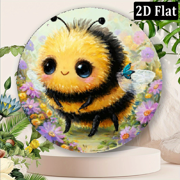 2D Flat, 1pc, Spring Round Bee Honey Garland Aluminum Sign (8x8 Inches), Metal Garland Plaque, Garland Sign, Door Decoration, Bedroom, Pasture, Living Room, Bee Theme Eid Al-Adha Mubarak