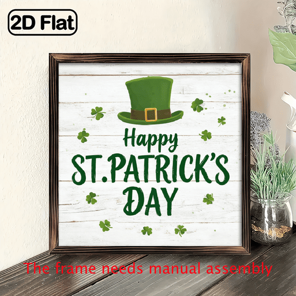 2D Flat - 1pc St Patrick'S Day Wooden Sign 8x8inch Happy St Patrick'S Day Green Hat Clover Farmhouse Wall Art for Home Kitchen Decor Framed Wall Art Deco for Kitchen Bathroom Living Room, Best Gif