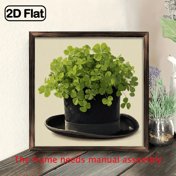 2D Flat, 1pc St Patrick's Day Clover Hat Wood Sign - Green Four-Leaf Clover Irish Top Hat Wall Art in Black Frame, Wood Square Plaque for Irish-Themed Decor, 8x8 Inch Housewarming Gift or Entryway