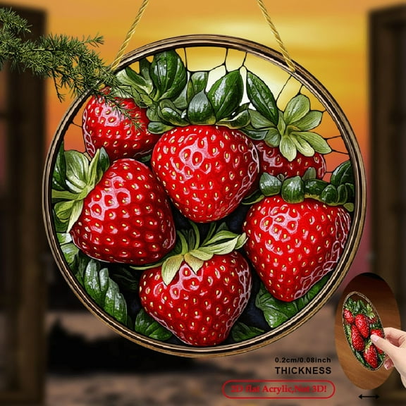 2D Flat, 1pc Strawberry Suncatcher Round Acrylic Sign Vibrant Red Berries Green Leaves Art Deco Wall Decor, No Electricity Needed for Spring Summer Home, Porch, Window Decoratio.8inch