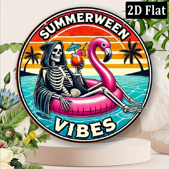 2D Flat, 1pc Summerween Vibes Round Wall Art - 8x8 Inch Skeleton Flamingo Tropical Beach Sunset Decor, Durable Outdoor Metal Sign for Poolside, Gardens - No Batteries Needed, Unique Gift for Men