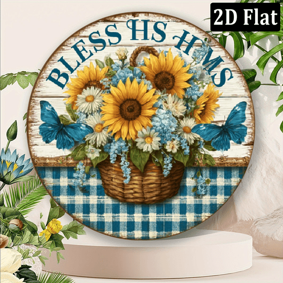 2D Flat - 1pc Sunflower Butterfly Metal Sign For House Porch, 'Bless This Home', Vintage 8X8 Inch Aluminum Plaque Sign Suitable for Home Entrances, Living Rooms, Perfect Gift For Family Friend