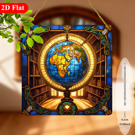 2D Flat, 1pc Terrestrial Globe Suncatcher Window Ornament - Square World Map Art with Continents, Frameless Thin for for Living Room, Room, Classroom - Educational Decoration Catcher 8*8in