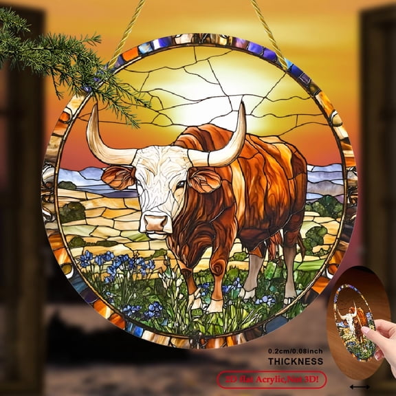 2D Flat, 1pc Texas Longhorn Cattle Sun Catcher - Rustic Western Acrylic Wall Art,Window Hanging Decoration for Home, Office Ranch Decor, No Electricity Needed, Cow Print Room Decor.8inch