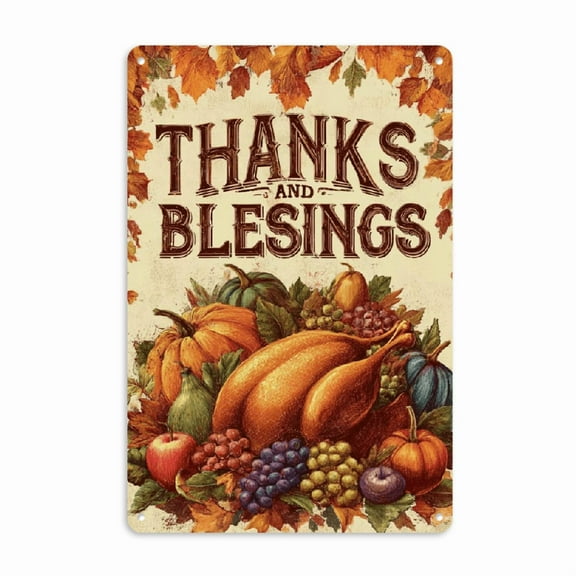2D Flat - 1pc Thanksgiving Turkey with Fruits and Pumpkins - Blessings for the Season 8*12 Inch 2D Flat Metal Decorative Signs and Plaques for Yard, Garage, Cafe, Bar, Man Cave, Thanksgiving Gift