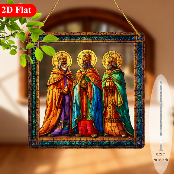 2D Flat, 1pc Three Kings Day Christmas Suncatcher - 8-Inch Square Window Hanging Decor with Three Kings_Epiphany Scene, Colorful -Capturing for home, Classroom, Church - Festive Holiday Gift Idea