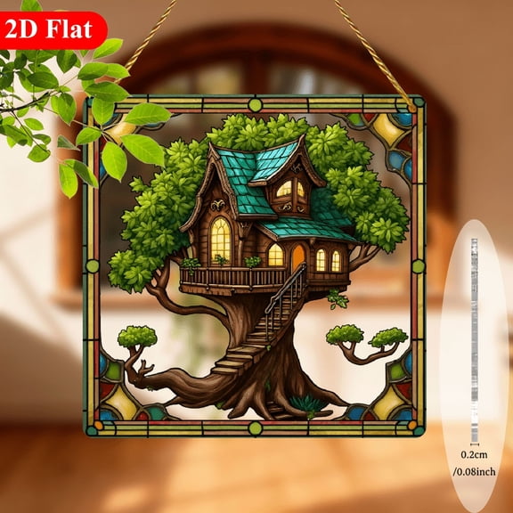 2D Flat, 1pc Treehouse Suncatcher Window Hanging Decor - Fairy-Tale Treehouse with Ladder, Stained- effect, Lightweight Acrylic Ornament for Home, Porch, Christmas - IndoorOutdoor Decoration