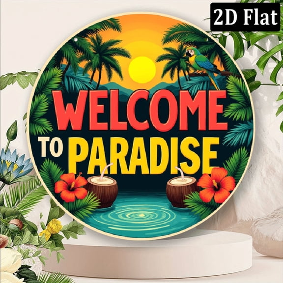 2D Flat 1pc Tropical Paradise Welcome Sign - Vibrant 2D Round Wall Art, 8x8 Inch, Colorful Parrot Floral Design for Home, Living Room, Balcony, Beach Resort, Tropical-Themed Cafe, Restaurant
