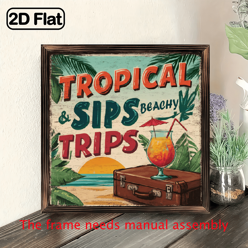 Photo inspiration: Tropical Farmhouse Beachy Coastal Decor Reference: 2D Flat 1Pc Tropical Sips Beachy Trips Rustic Distressed Wood