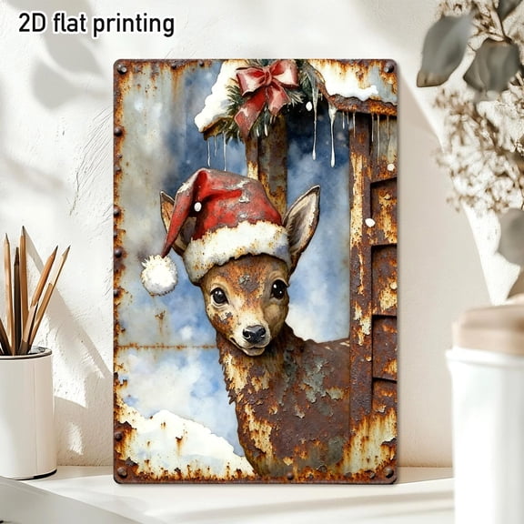 2D Flat 1pc of a Two-Dimensional Flat Metal Sign Featuring a Christmas Deer Hat, Showcasing a Festive Winter Animal Scene. This Vintage Tin Artwork Is Perfect for Decorating Bedrooms, Farmhouses