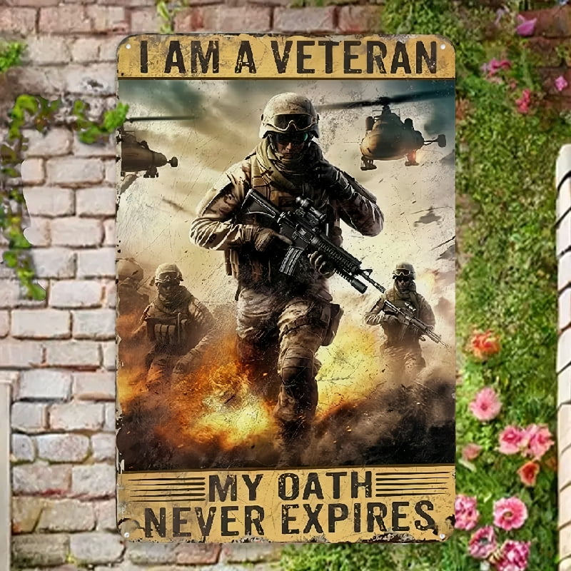 Licpact "I Am A Veteran My Oath Never Expires" Tin Sign - 12x16 Inch Metal Wall Decor For Man Cave, Garage