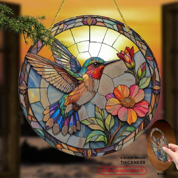 2D Flat, 1pc Vibrant Acrylic Suncatcher - Hummingbird & Floral Art Nouveau Wall Decor, Circular Frameless Hanging Art with Stained Glass Effect, No Electricity Needed for Home, Office, 8*8inch