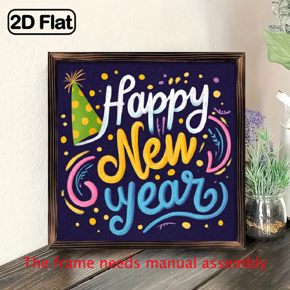 2D Flat, 1pc, Vibrant Festive Happy New Year Wooden Wall Sign 8x8 Inch, Perfect for Holiday Home Room Decor Gifts Desk Decoration Art for Living Room, Bedroom, Ideal for Christmas New Year Gift