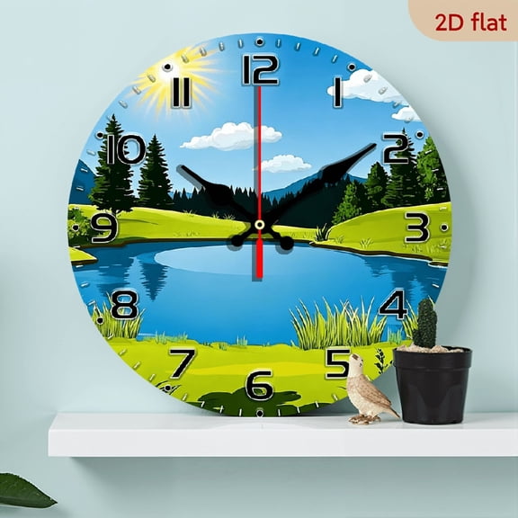 2D Flat, 1pc, Vibrant Outdoor Nature with Serene Lake Lush Forest Blue Sky Backdrop Clock - 10-Inch Wood Veneer Europe and America Style Round Silent Flat Wall Clock - Batteries Not Included