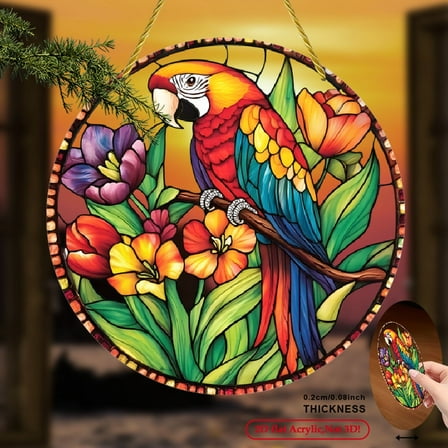 2D Flat, 1pc Vibrant Parrot Tulips Sun Catcher - Round Acrylic Window Hanging Decor, Stained Glass-Style 2D Flat Art with 3D Visual Effect, No Electricity Needed for Garden, Living Room, 8*8inch