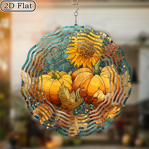 2D Flat, 1pc Vibrant Stained-Style Pumpkin Autumn Leaves Wind Chime - 10in Round Metal Hanging Decor with Rotating Hook, 360 Outdoor Indoor Garden Decoration for Halloween, Thanksgiving, Weddings,