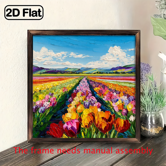 2D Flat - 1pc Vibrant Tulip Field Wall Art with Wooden Frame - 8x8 Inch Colorful Summer Scene, Dreamy Floral Landscape Decorative Sign for Living Room, Bedroom, Kitchen, or Office, Living Room Art