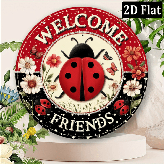 2D Flat 1pc, Vintage 8x8 Inch Charming Ladybug Welcome Sign Metal Wall Art With Vibrant Floral Ladybug Design, Perfect For Home, Kitchen, Garden, Bathroom, Party, Music Hall Decor - Durable