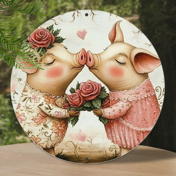 [2D Flat] 1pc Vintage Aluminum Sign with 2D Cute Pig Design - 8x8 Inches, Floral & Heart Motifs, Perfect for Home, Room, Library, Cafe Decor, Ideal Holiday Gift