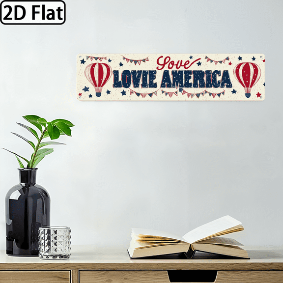 2D Flat, 1pc Vintage Americana Metal Wall Decor Sign, Red, Patriotic Design with Hot Air Balloons Stars, Durable Indoor, Outdoor Decoration for Cafe, Room Decor, Perfect Gift for Independence Day