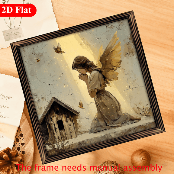 2D Flat, 1pc Vintage Angel Prayer Painting - Beige, Brown, Golden Pastel Tones - Farmhouse, Wedding, Christmas Decor - Recycled Wood Framed Wall Art - 12x12 Inch - Serene Angel Bird Motif - Easy H
