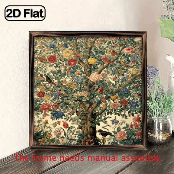 2D Flat 1pc Vintage Apple Tree Wall Art, 8 Inch Wooden Framed Decor with Colorful Flowers and Birds, Perfect for Home, Office, Gift, Office Decor Vintage Wall Art Detailed Leaf Design