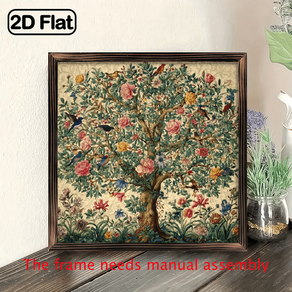 2D Flat 1pc Vintage Apple Tree Wall Art - 8x8 Inch Wooden Framed Decor with Colorful Flowers and Birds, Perfect for Home, Office, or Gift, Office Decor Vintage Wall Art Detailed Leaf Design, Apple