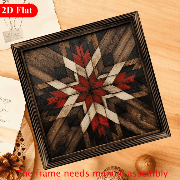 2D Flat 1pc Vintage Barn Quilt Star Wall Sign with Frame, 12x12 Inch - Rustic Red, White Black Wooden Star Decor for Bedroom, Office, or Garage - Perfect Holiday Gift, Vintage Home Decor, Wall Dec