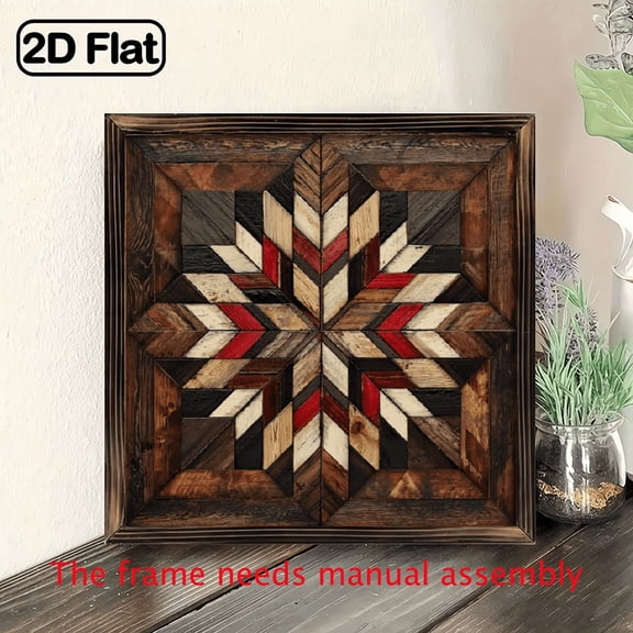 2D Flat, 1pc Vintage Barn Quilt Star Wall Sign with Frame, 8x8 Inch - Rustic Red, White Black Wooden Star Decor for Bedroom, Office, or Garage - Perfect Holiday Gift, Vintage Home Decor.