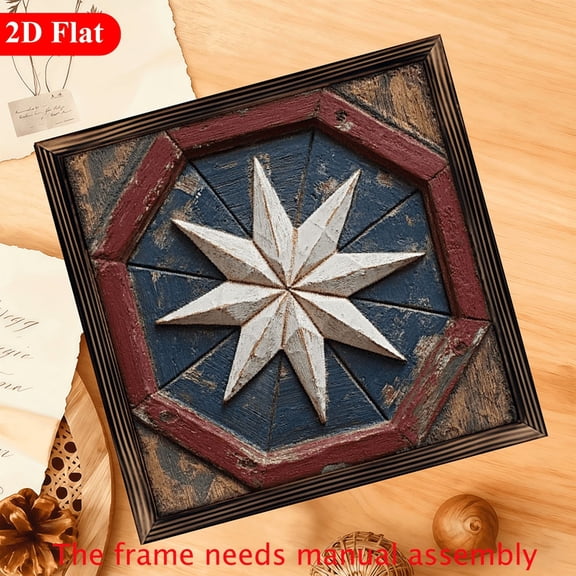 2D Flat, 1pc Vintage Barn Starburst Striped Wood Wall Art - Patriotic Red Blue Farmhouse Decor, 12x12 Inch Rustic Reclaimed Woodwork for IndoorOutdoor Use, No Electricity Required, Western Home D