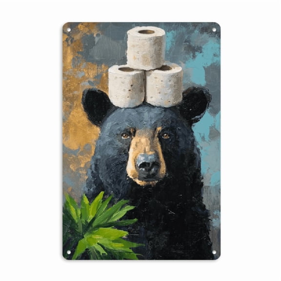 2D Flat 1pc Vintage Bear with Toilet Paper Rustic Wall Art 12x8in, Wooden Frame Desktop Decor for Home, Office, or Gift, Office Decoration Vintage Bear Design Detailed Bear Portrait.