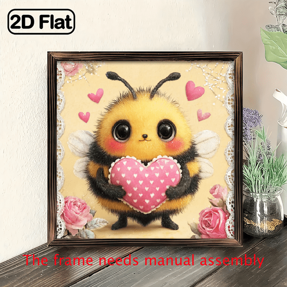 2D Flat, 1pc Vintage Bee Wall Hanging - Cute Bee with Pink Heart Sign, Wood Framed 8x8 Inch Bee for Valentine's Day Decor, Spring Home Decoration - Artificial Wood Retro Room Art Easy Mounting