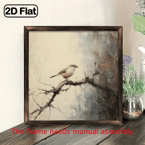 2D Flat, 1pc Vintage Bird and Branches Framed Wall Art - Minimalist Wood Poster, 8x8 Inch Square Wood Frame, Nature-Themed Bird for Living Room, Bedroom, Office - Housewarming Gift, Farmhouse De