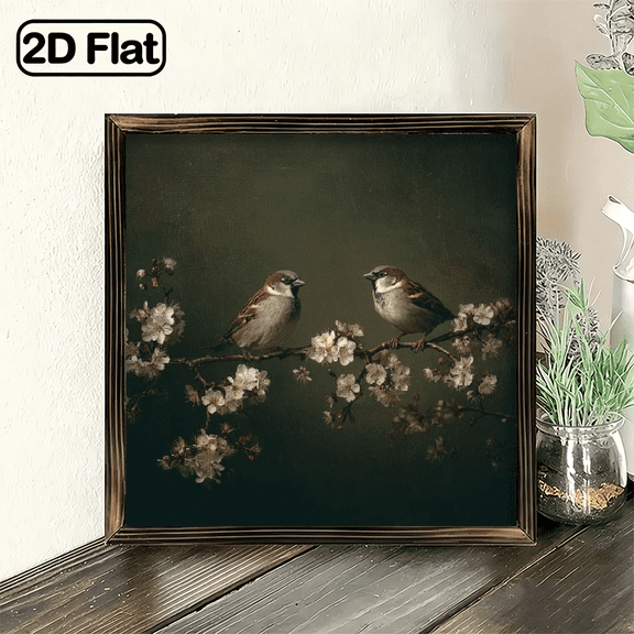 2D Flat, 1pc Vintage Birds on Cherry Blossom Branch Wall Art Print, 8x8 Inch Decorative Signs & Plaques, Framed Nature Animal Picture for Living Room, Bedroom, Office Decor, Thoughtful Gift for Bi