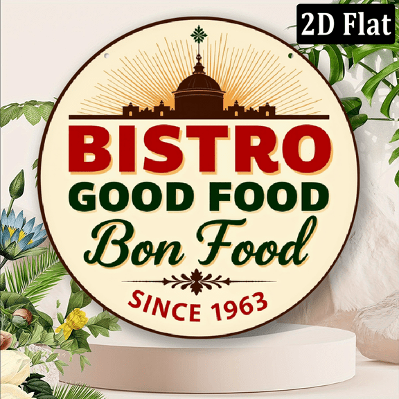 2D Flat, 1pc Vintage Bistro Sign - 8x8 Inch Round, Pub-Themed Wall Art with BISTRO GOOD FOODMotif, Red White Chef Hat Design - Ideal for Bar, Club Decor Gifts, Perfect for Room Decor
