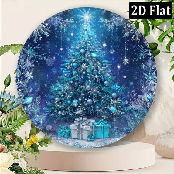2D Flat - 1pc Vintage Blue Christmas Tree Snowflake Round Sign, 8x8 Inch - Festive Wall Hanging Decor for Front Door, Living Room, Cafe, Farmhouse - Ideal Holiday Gift, No Electricity Needed