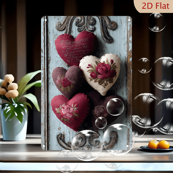 2D Flat, 1pc Vintage Bohemian Metal Heart Wall Art - Rustic Iron Hanging Decoration with Red-Pink Roses, Beige-Brown Floral Distressed White Background, 8x12 Inch Boho Farmhouse Decor