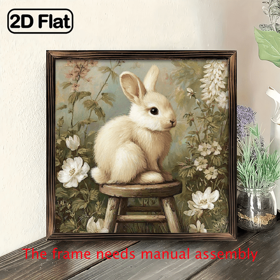 2D Flat, 1pc Vintage Bunny Rabbit Wooden Wall Art - 8x8 Inch Framed Farmhouse Decor, Pastel Floral Greenery Design, Artificial Wood Frame, No Electricity Needed for Living Room, Bedroom, Office,