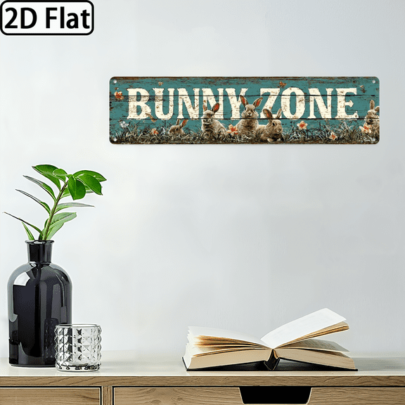 2D Flat, 1pc Vintage -Bunny Zone, Iron Metal Wall Sign - Rustic Rabbit Decor with Distressed Finish, 16x4 Inch, Perfect for Living Room.