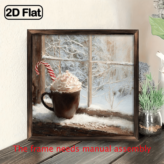 2D Flat, 1pc Vintage Candy Cane in Hot Chocolate Cup Wall Sign - 8x8 Inch Rustic Wood Framed Christmas Winter Decor, Wood Panel with Hot Cocoa Art for Cozy Bedroom, Kitchen, Holiday Gift Decoration