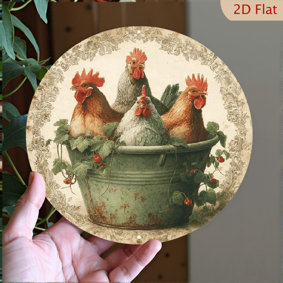 2D Flat, 1pc Vintage Chicken Bucket Wall Art - Round Aluminum Plaque with Rustic Farmhouse Decor, Retro Kitchen Home Decoration for Cafe, Bar, Garage, Holiday Decor